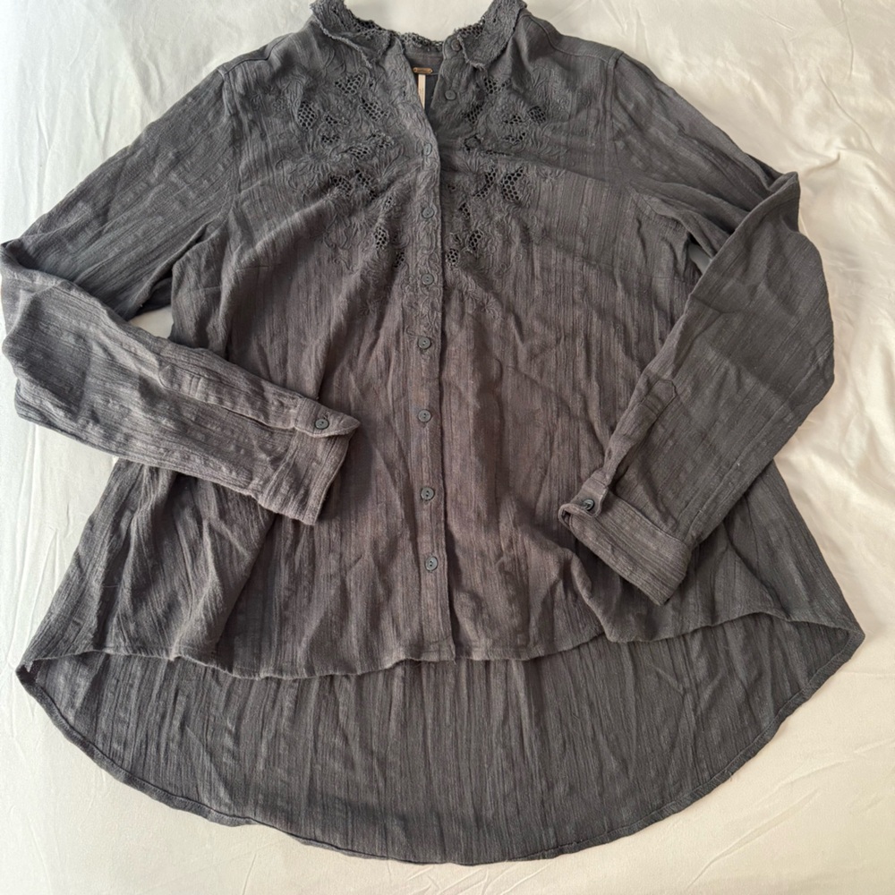Free People Carter Dobby Dark Gray Embroidered Button Down Shirt, Medium - Picture 4 of 13